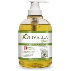OLV010 | Pump bottle of Olivella Classic face and body soap, clear bottle with green and white label