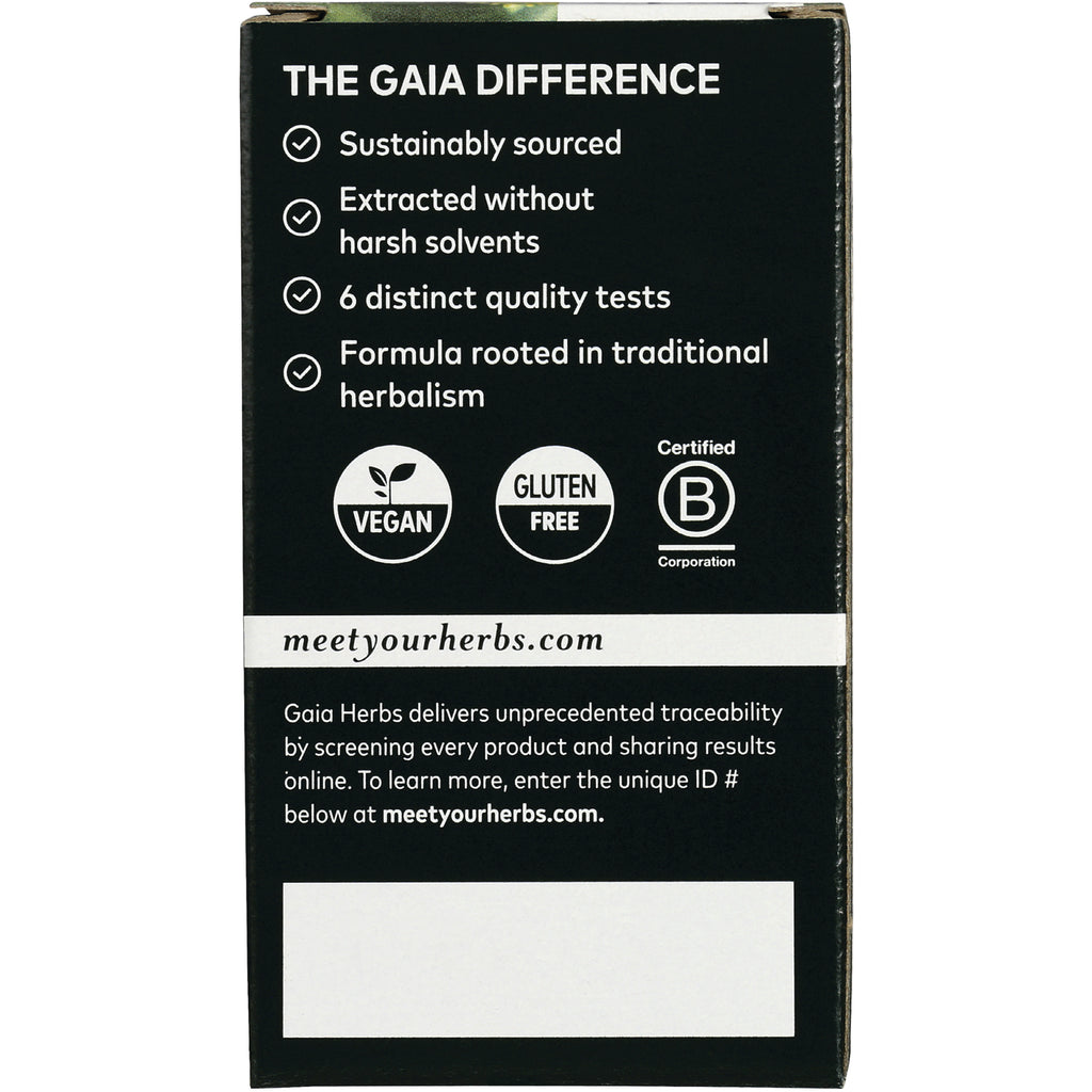 GH043 | Back of black Gaia Herbs box listing sustainably sourced, vegan and gluten free icons and meetyourherbs.com - Thumbnail
