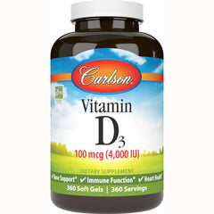 CSN231 | Carlson Vitamin D3 100 mcg (4,000 IU) brown bottle with label reading 360 soft gels dietary supplement