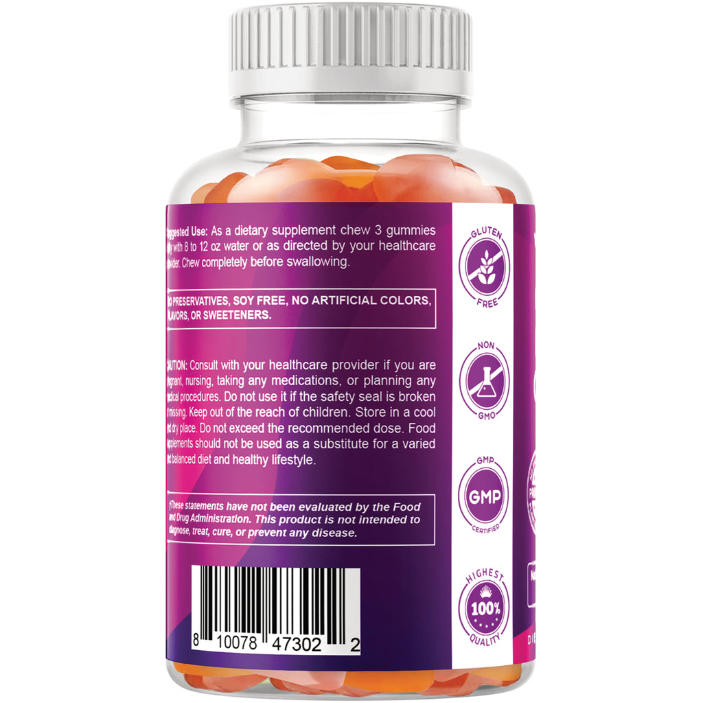 VAM008 | Back label of gummy supplement bottle with directions, barcode, and icons: Gluten Free, Non GMO, GMP, 100% Quality - Thumbnail