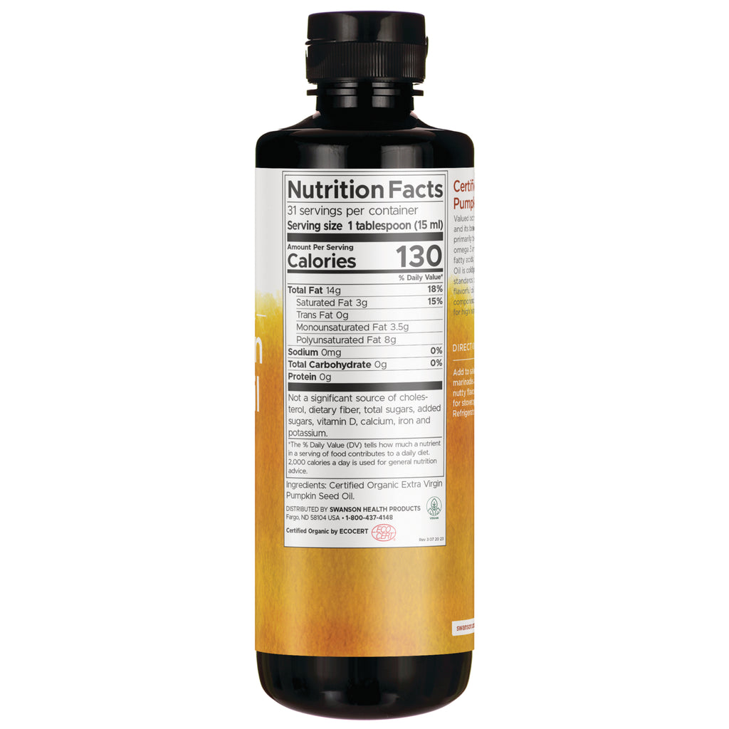 SWF202 | Nutrition Facts panel and ingredients for Certified Organic Extra Virgin Pumpkin Seed Oil - Thumbnail