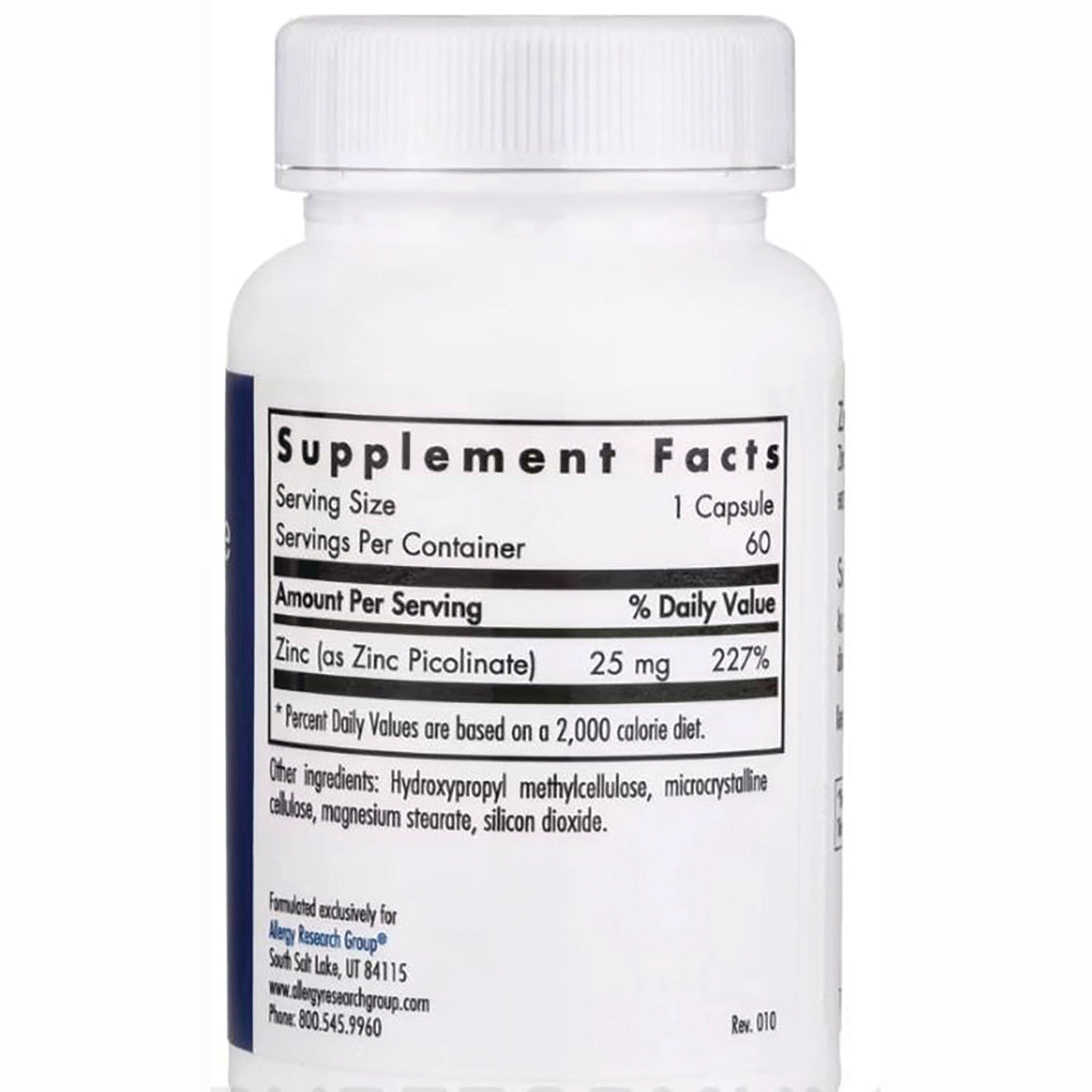 ARG027 | back label with Supplement Facts showing Zinc (as zinc picolinate) 25 mg, serving size 1 capsule, 60 servings - Thumbnail