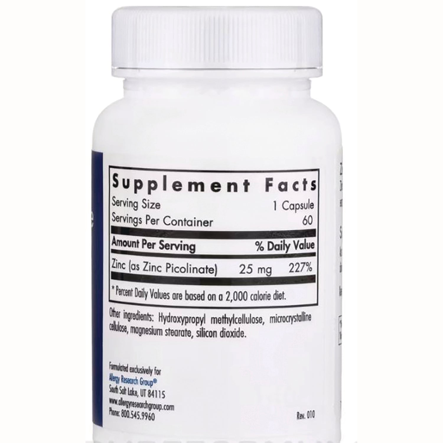 ARG027 | back label with Supplement Facts showing Zinc (as zinc picolinate) 25 mg, serving size 1 capsule, 60 servings