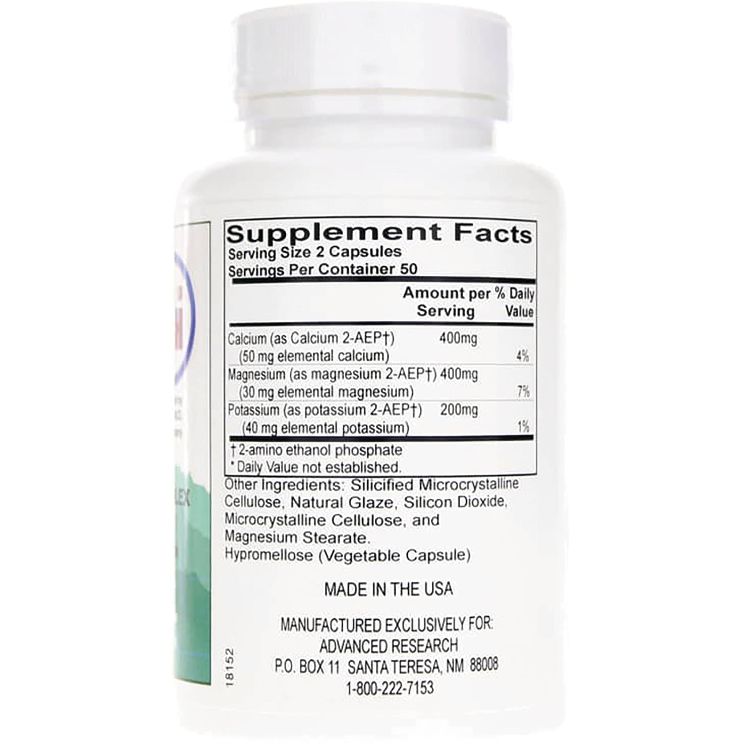 ADR023 | Back label with Supplement Facts showing Serving Size 2 Capsules, ingredients list and Made in the USA