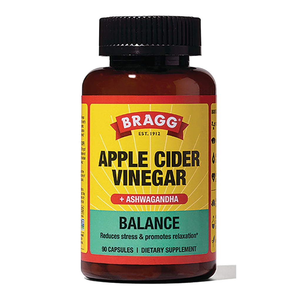 BR019 | Bragg Apple Cider Vinegar + Ashwagandha Balance dietary supplement bottle, front label showing 90 capsules - Thumbnail