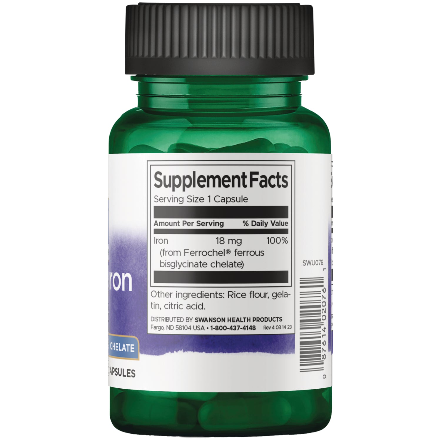 SWU076 | Back label showing Supplement Facts: serving size 1 capsule; iron 18 mg (from Ferrochel)