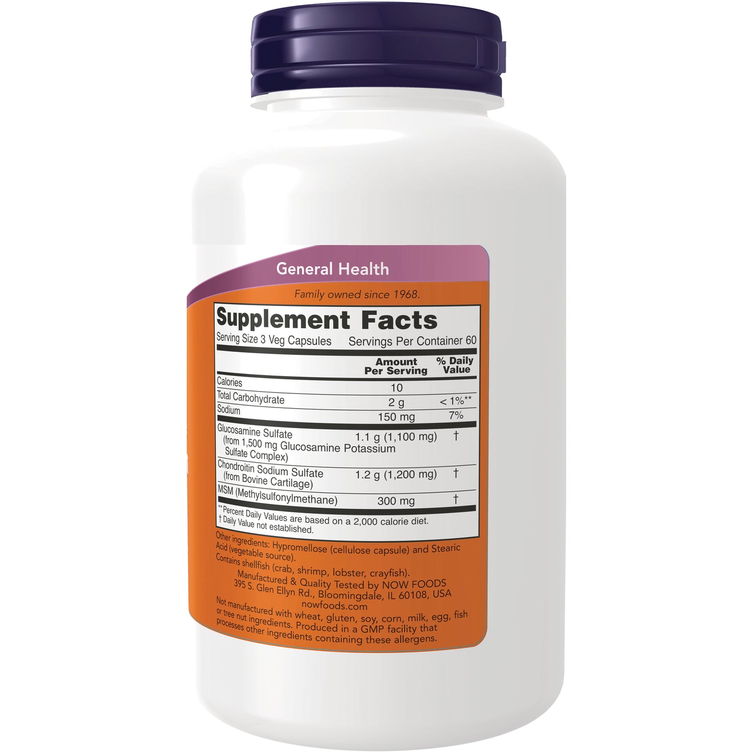 NWF130 | Back label showing Supplement Facts and ingredient list for glucosamine, chondroitin, and MSM