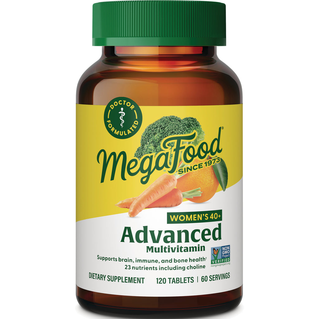 MGF073 | MegaFood Advanced multivitamin Women's 40+ bottle with green cap and yellow label showing carrots, broccoli and orange, 120 tablets - Thumbnail