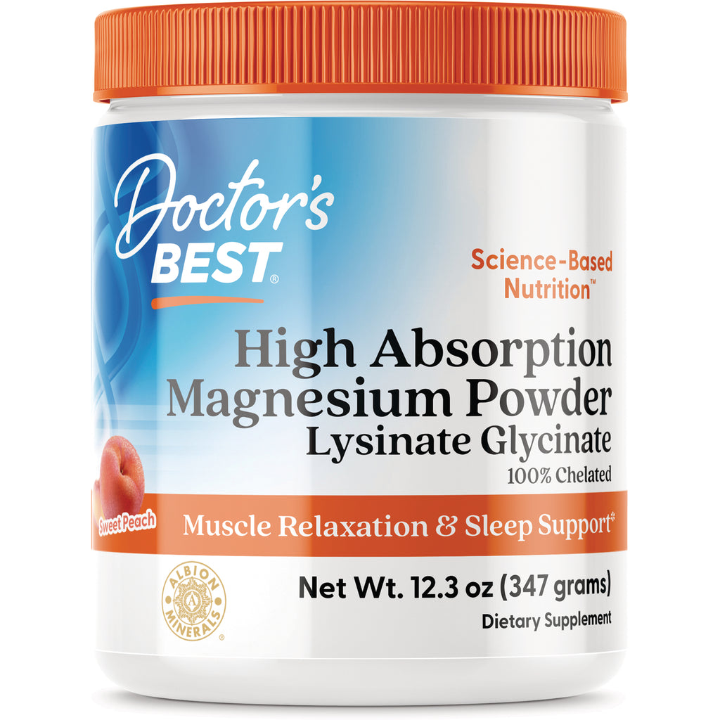 DB270 | Doctor's Best High Absorption Magnesium Powder Lysinate Glycinate sweet peach flavor jar front - Thumbnail