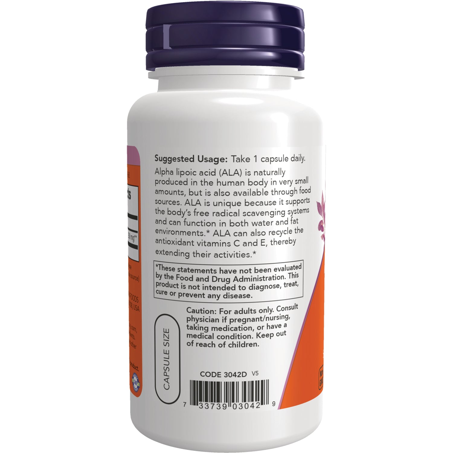 NWF020 | Back of white supplement bottle showing suggested usage, caution text, barcode and capsule size oval