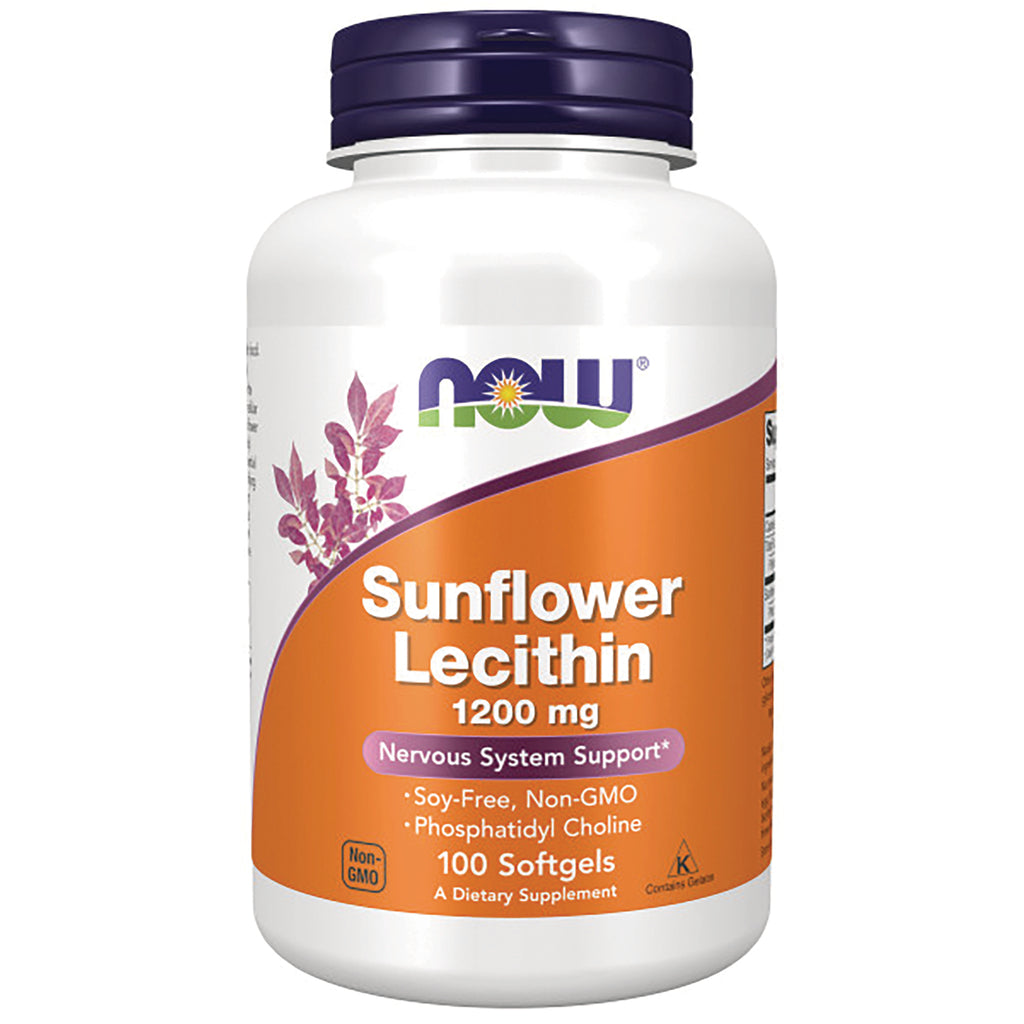 NWF848 | NOW Sunflower Lecithin 1200 mg white bottle with orange label, 100 softgels - Thumbnail
