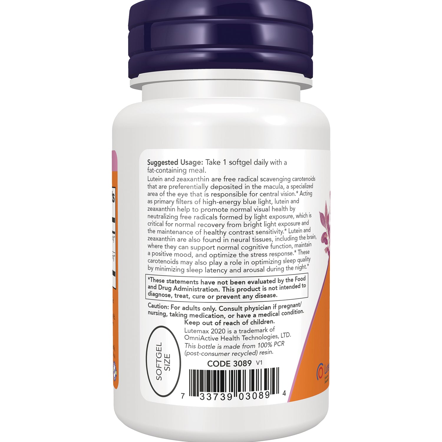 NWF1449 | Back label of white supplement bottle showing suggested usage, caution text and barcode