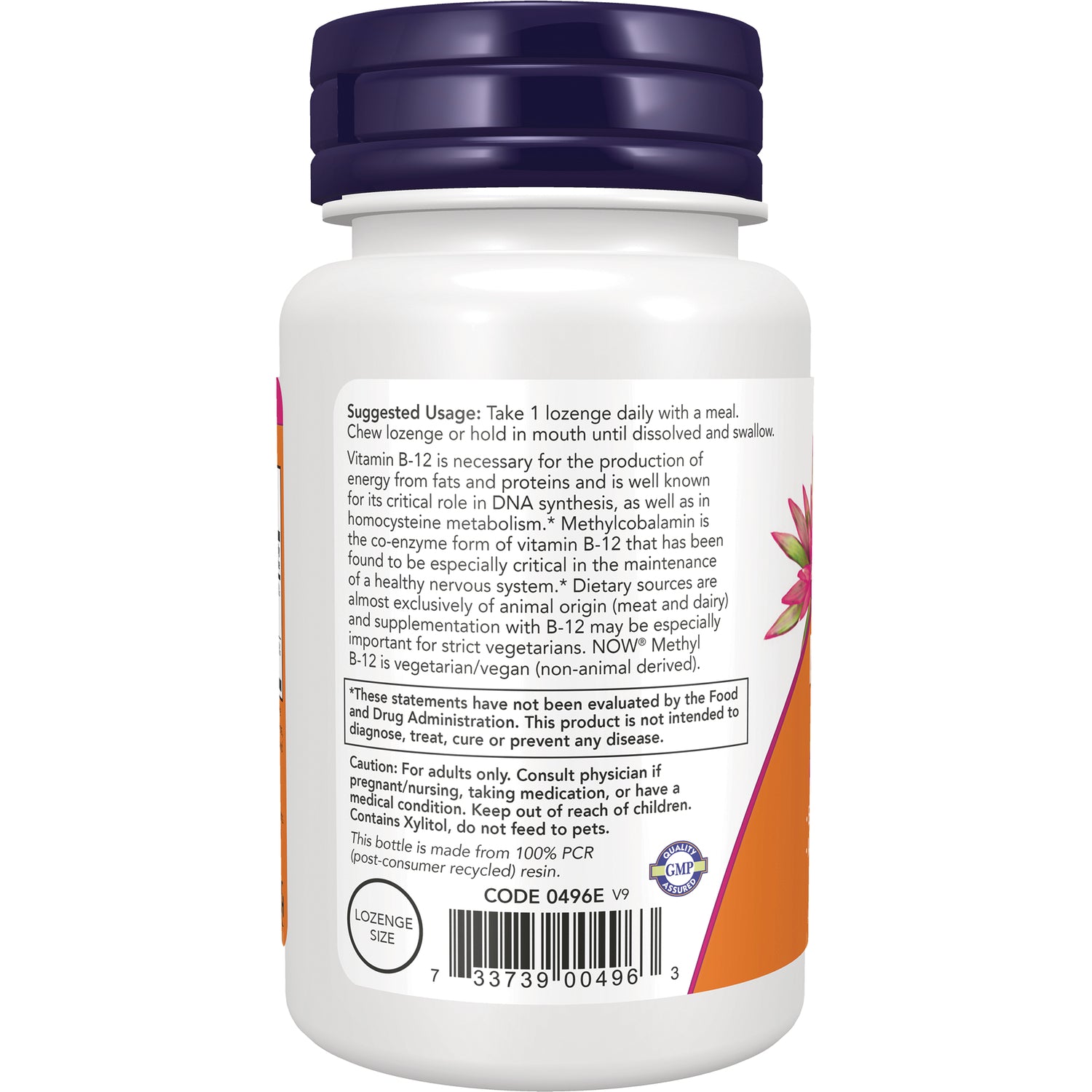 NWF493 | back label of white supplement bottle showing suggested usage text, caution box and barcode