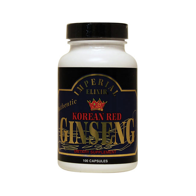 IE007 | White bottle of Imperial Elixir Korean Red Ginseng dietary supplement, 100 capsules, front label