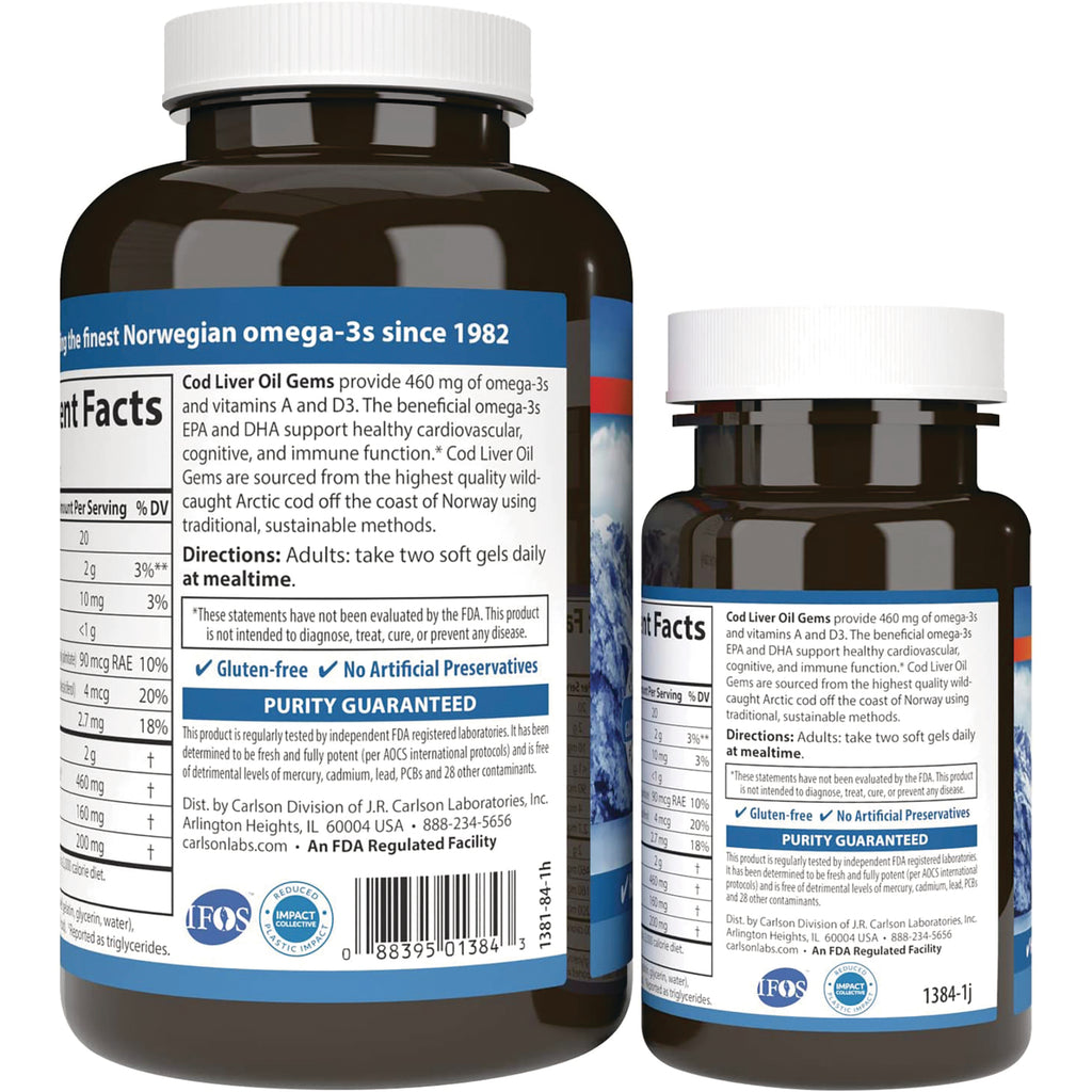 Two brown supplement bottles showing back labels with nutrition facts, directions, and PURITY GUARANTEED badge - Thumbnail