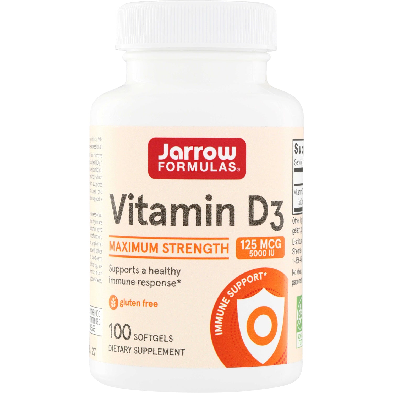 JR173 | Jarrow Formulas Vitamin D3 Maximum Strength 125 mcg (5000 IU), 100 softgels, gluten free
