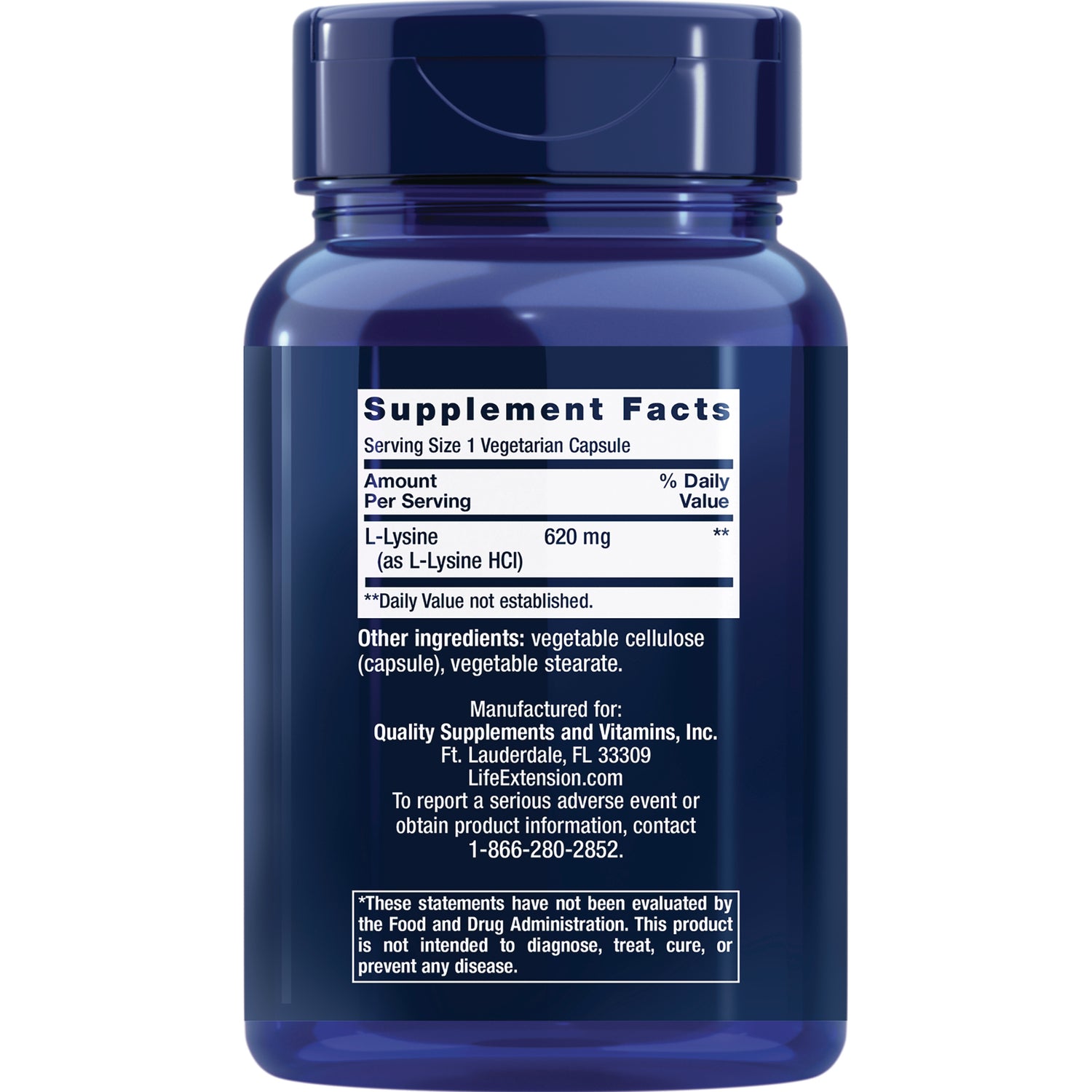 LE335 | back of blue supplement bottle showing Supplement Facts label with L-Lysine 620 mg and manufacturer info