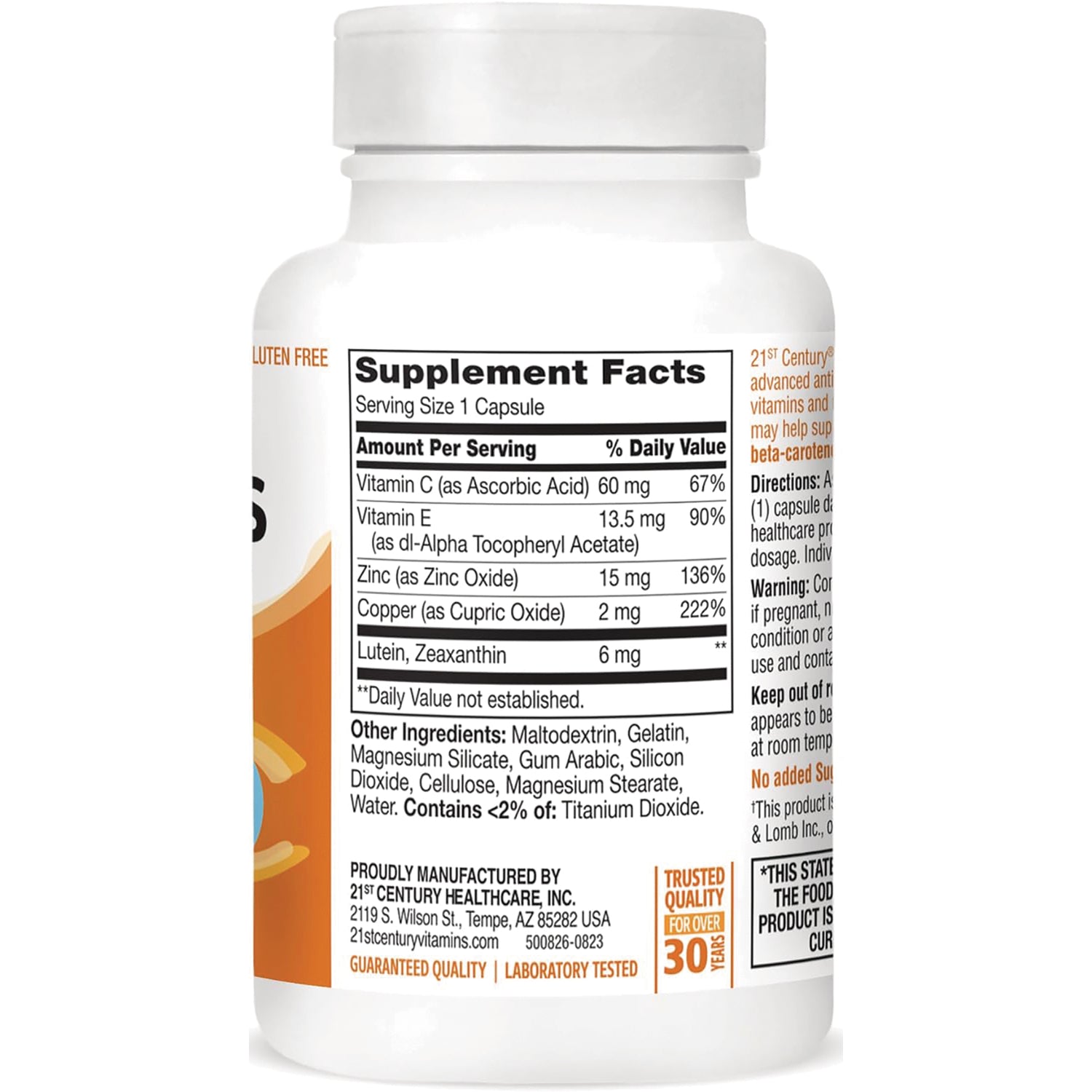 CNT230 | Supplement facts label on bottle back showing serving size 1 capsule and list of vitamins and minerals