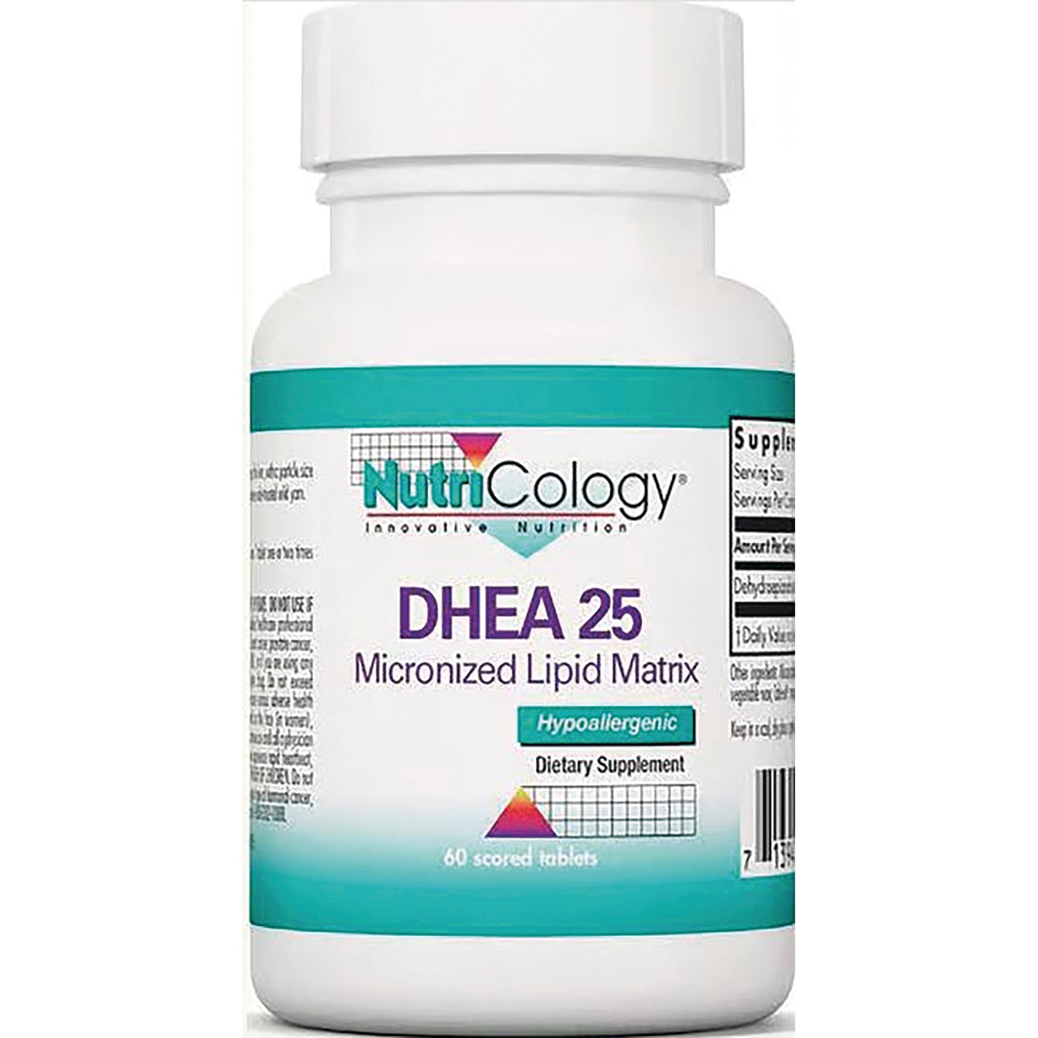 NCL106 | NutriCology DHEA 25 micronized lipid matrix dietary supplement bottle with teal label, 60 tablets