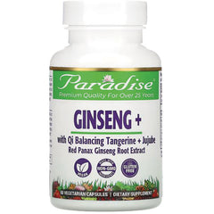 PRH017 | Paradise GINSENG+ dietary supplement bottle front showing label with Qi Balancing Tangerine + Jujube, 60 vegetarian capsules