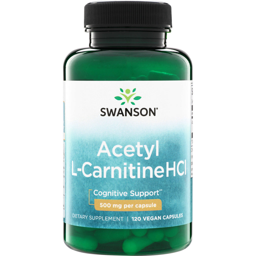 SWU928 | Swanson Acetyl L-Carnitine HCl supplement bottle, Cognitive Support, 500 mg per capsule, 120 vegan capsules - Thumbnail
