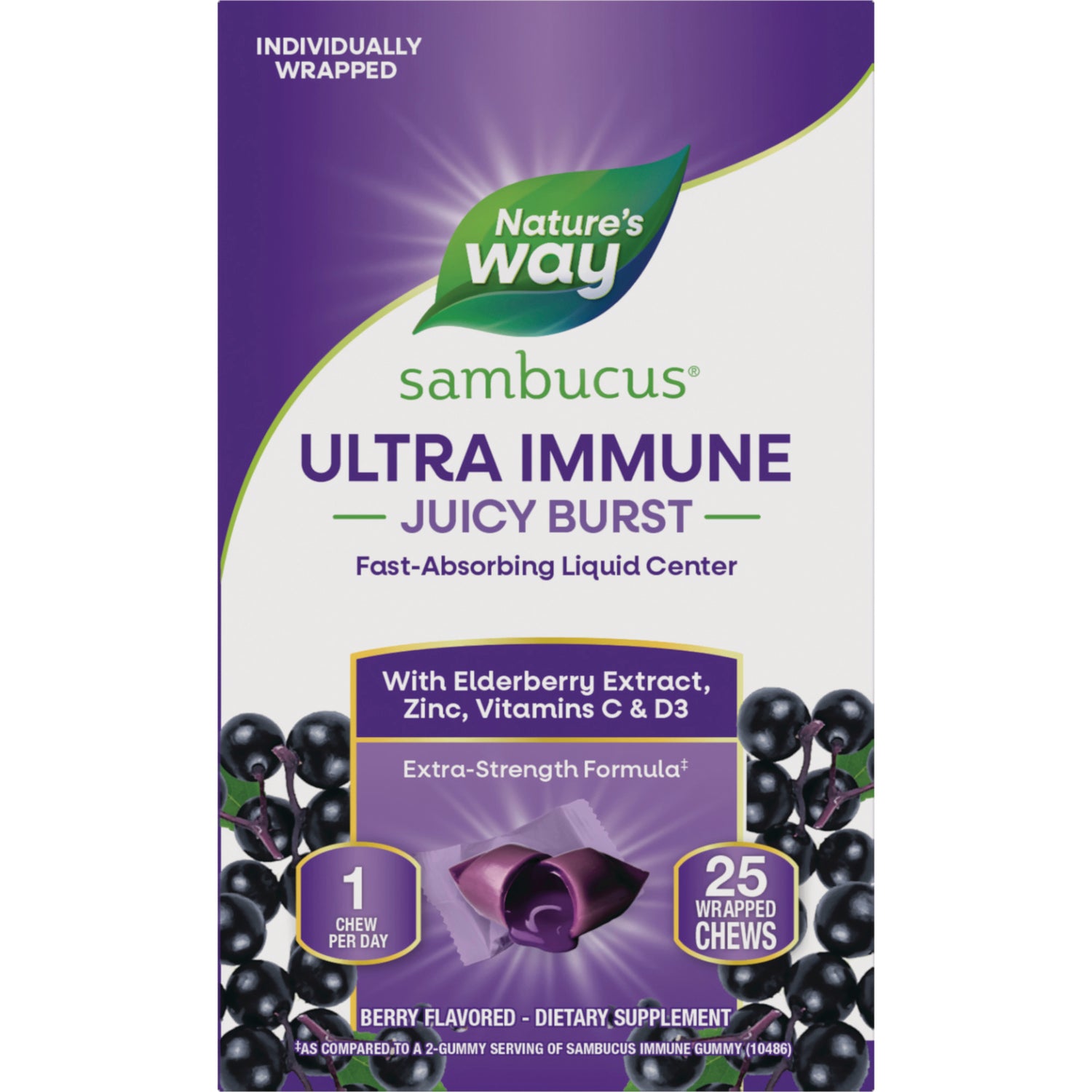 NW1072 | Nature's Way Sambucus Ultra Immune Juicy Burst berry flavored box showing 25 wrapped chews and a single chew