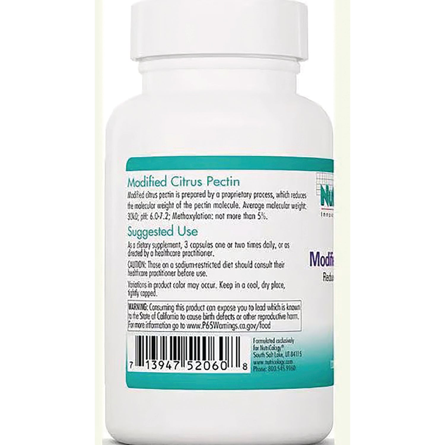 NCL053 | Back of white supplement bottle showing Modified Citrus Pectin label, suggested use text and barcode