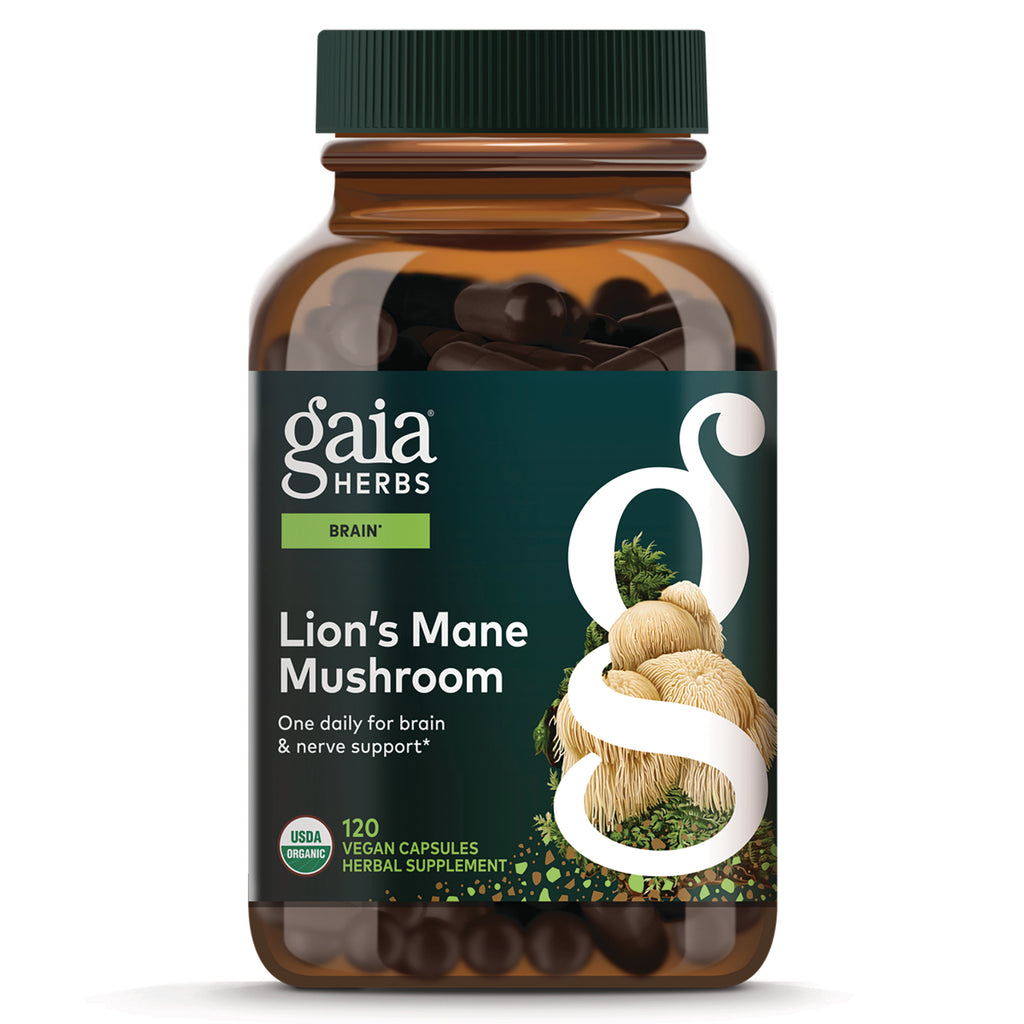 GH170 | Gaia Herbs Lion's Mane Mushroom brown bottle label showing 120 vegan capsules and USDA Organic - Thumbnail