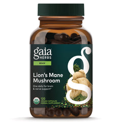 GH170 | Gaia Herbs Lion's Mane Mushroom brown bottle label showing 120 vegan capsules and USDA Organic