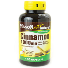 MSN018 | Mason Natural Cinnamon 1000 mg supplement bottle with yellow label, 100 capsules
