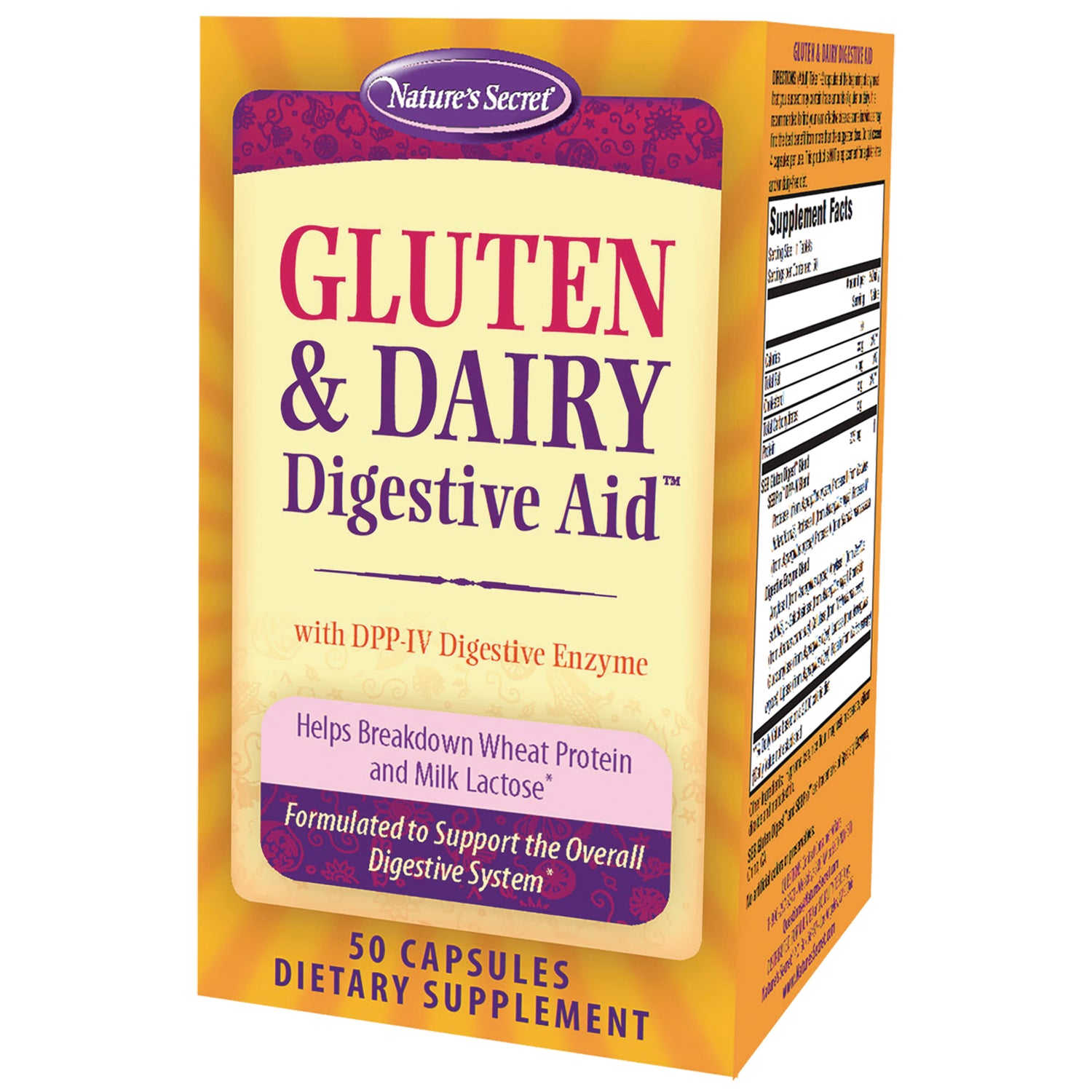 NTS36 | Nature's Secret Gluten & Dairy Digestive Aid box, front view showing product name and 50 capsules label