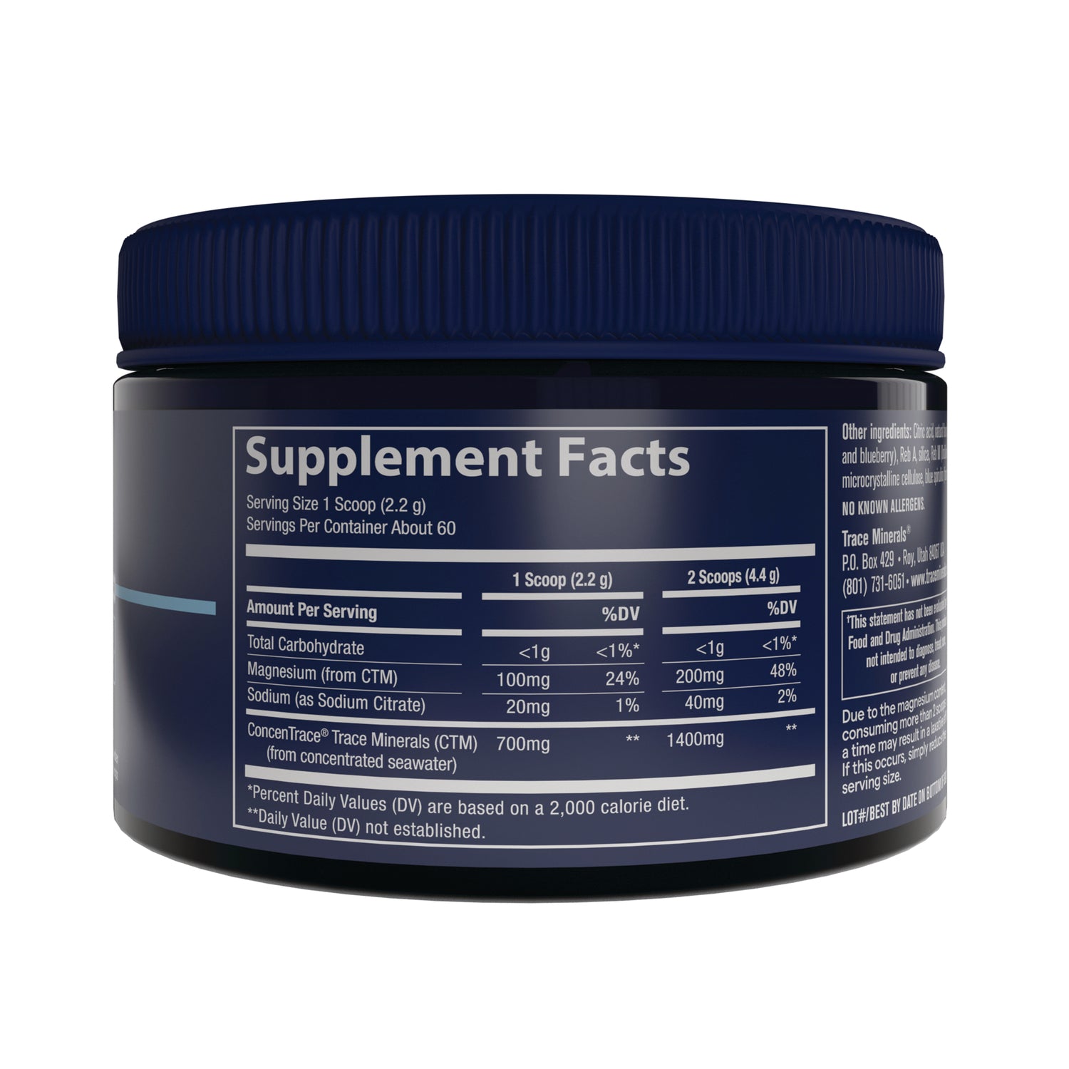TM165 | Back label showing Supplement Facts panel on dark blue supplement jar