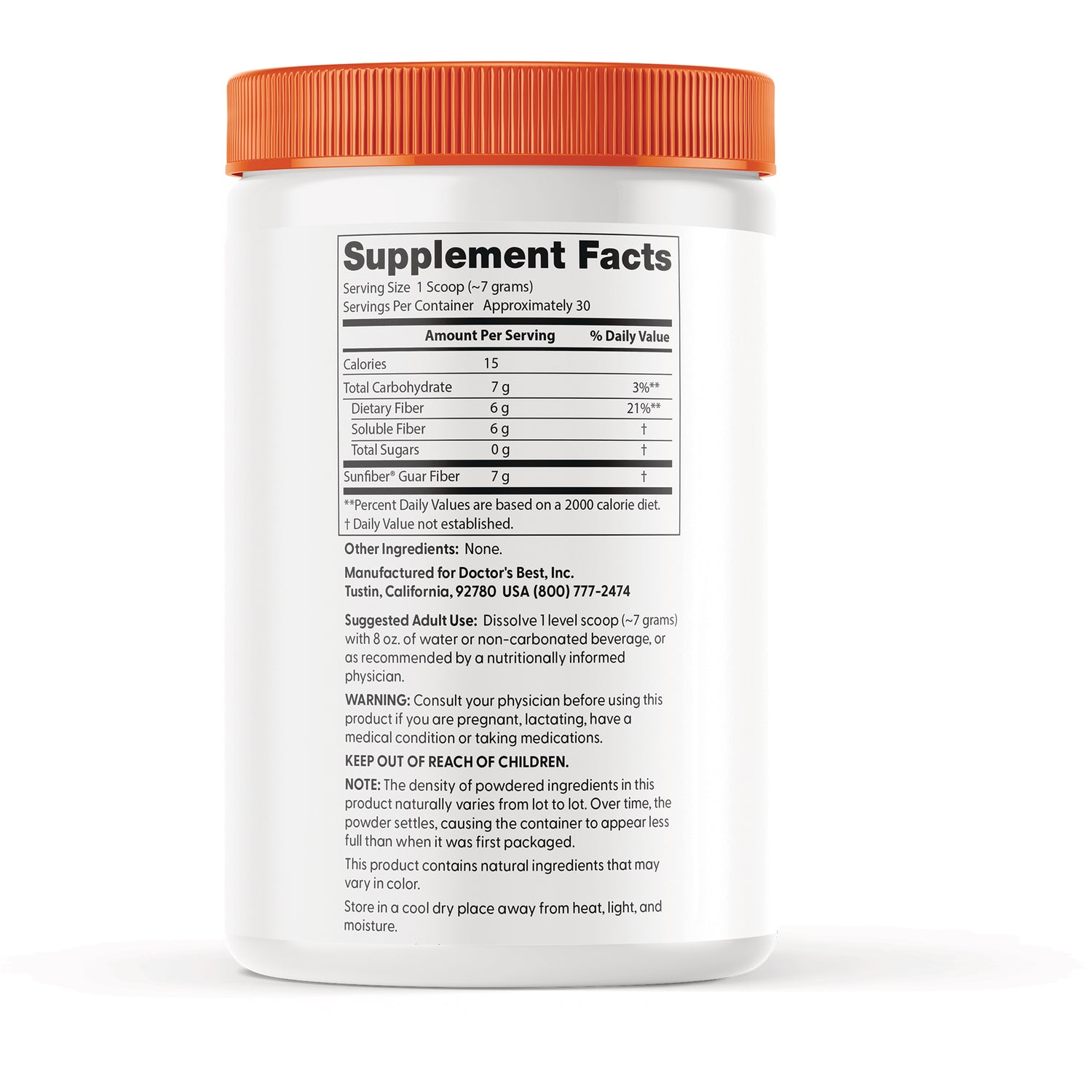 DB306 | Supplement Facts panel and usage warnings on white jar with orange lid