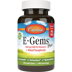 CSN110 | Carlson E-Gems vitamin E softgel bottle, 268 mg (400 IU) Vitamin E plus mixed tocopherols, 140 soft gels