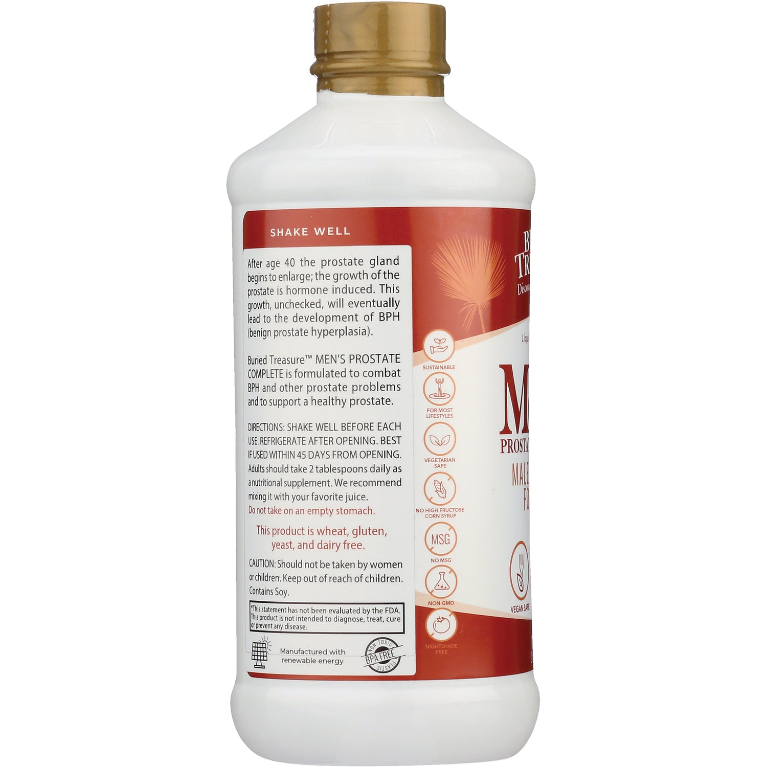 BTR025 | Back label of white supplement bottle showing directions, warnings, icons, and ingredient statements