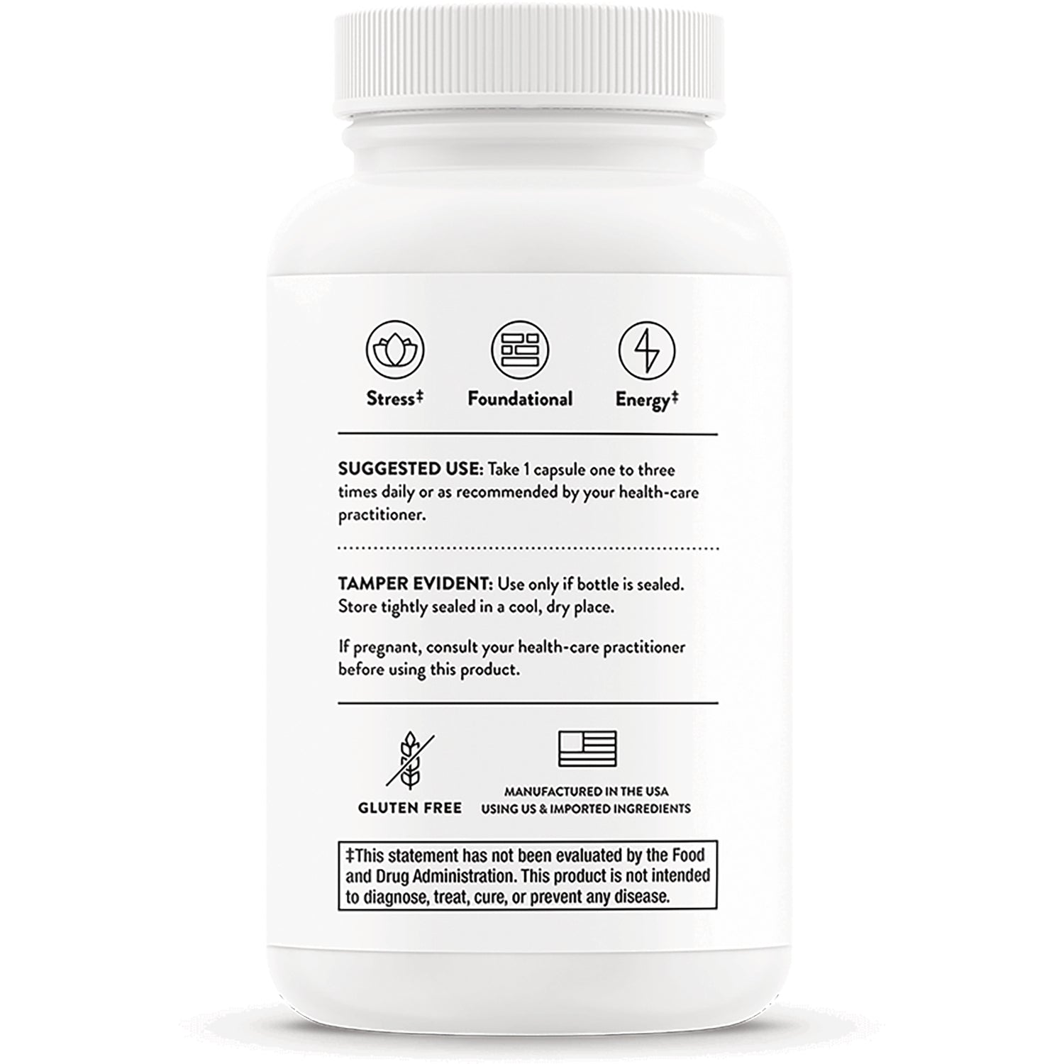 TRN017 | Back of supplement bottle showing suggested use, tamper-evident notice, gluten free, and FDA disclaimer