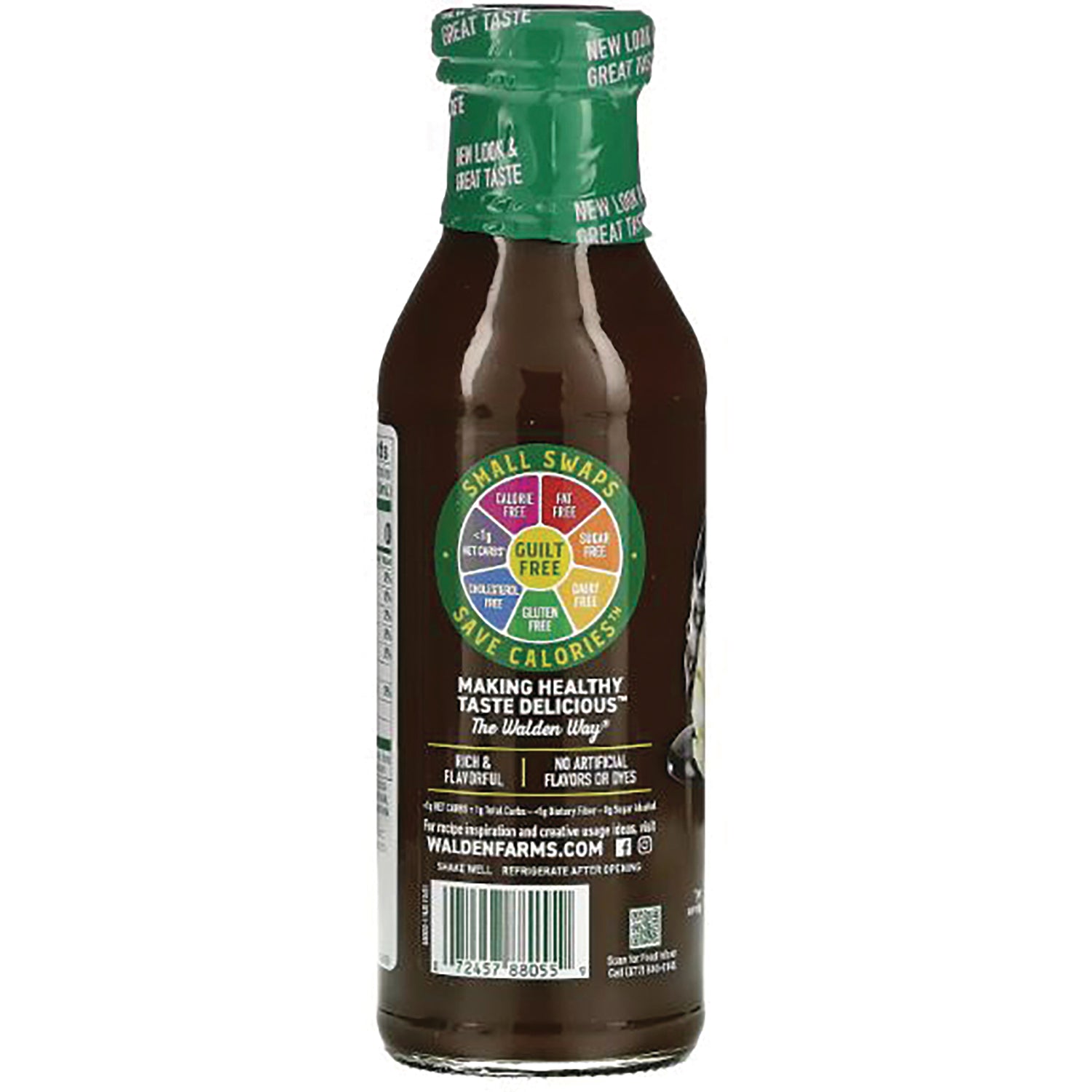 WAL005 | Back of Walden Farms bottle showing label with Small Swaps Save Calories and Guilt Free text, barcode, and website