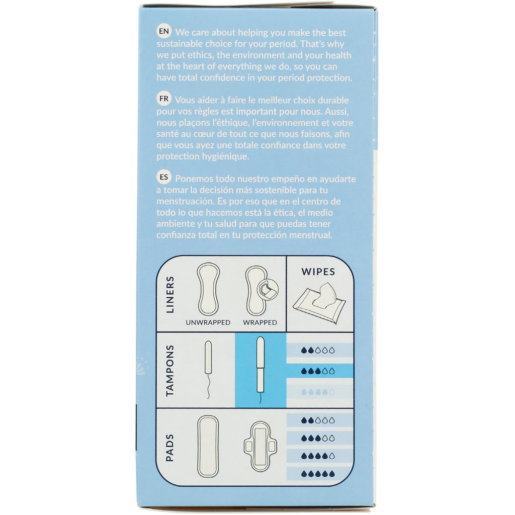 Box back with multilingual text and infographic showing liners, tampons, pads, wipes and absorbency icons - Thumbnail