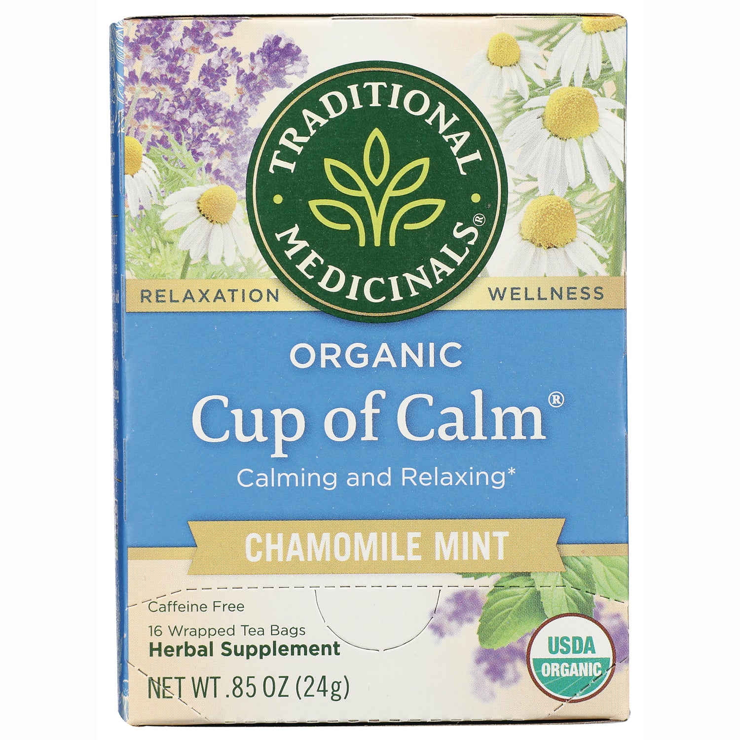 TMD015 | Traditional Medicinals Organic Cup of Calm Chamomile Mint tea box front, caffeine free, 16 tea bags