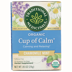 TMD015 | Traditional Medicinals Organic Cup of Calm Chamomile Mint tea box front, caffeine free, 16 tea bags