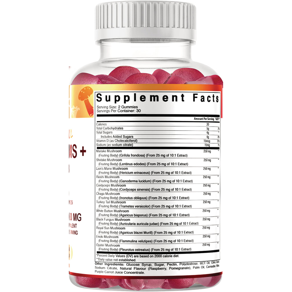 VAM001 | Back label with Supplement Facts for mushroom gummies; serving size 2 gummies; ingredients and amounts listed - Thumbnail