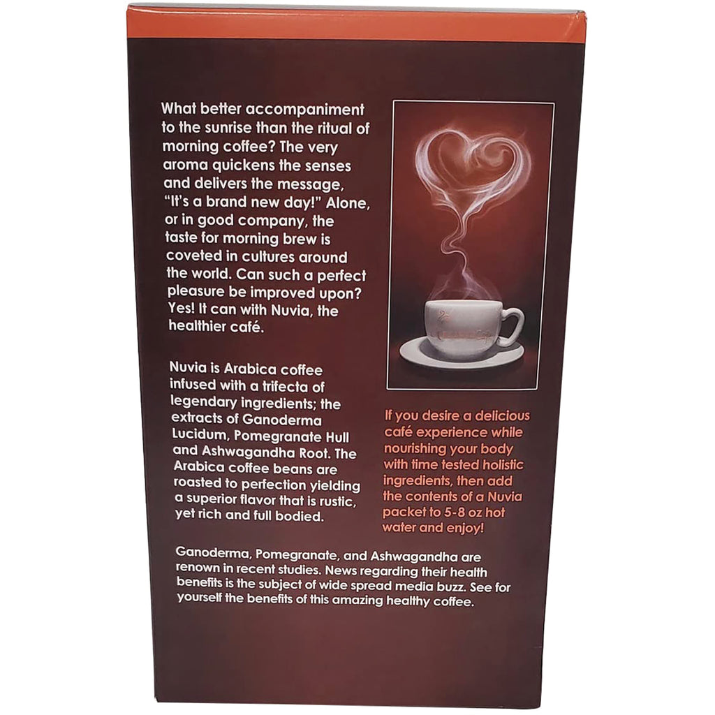 NVC002 | Back panel of Nuvia coffee box with product description text and illustration of a cup with heart-shaped steam - Thumbnail