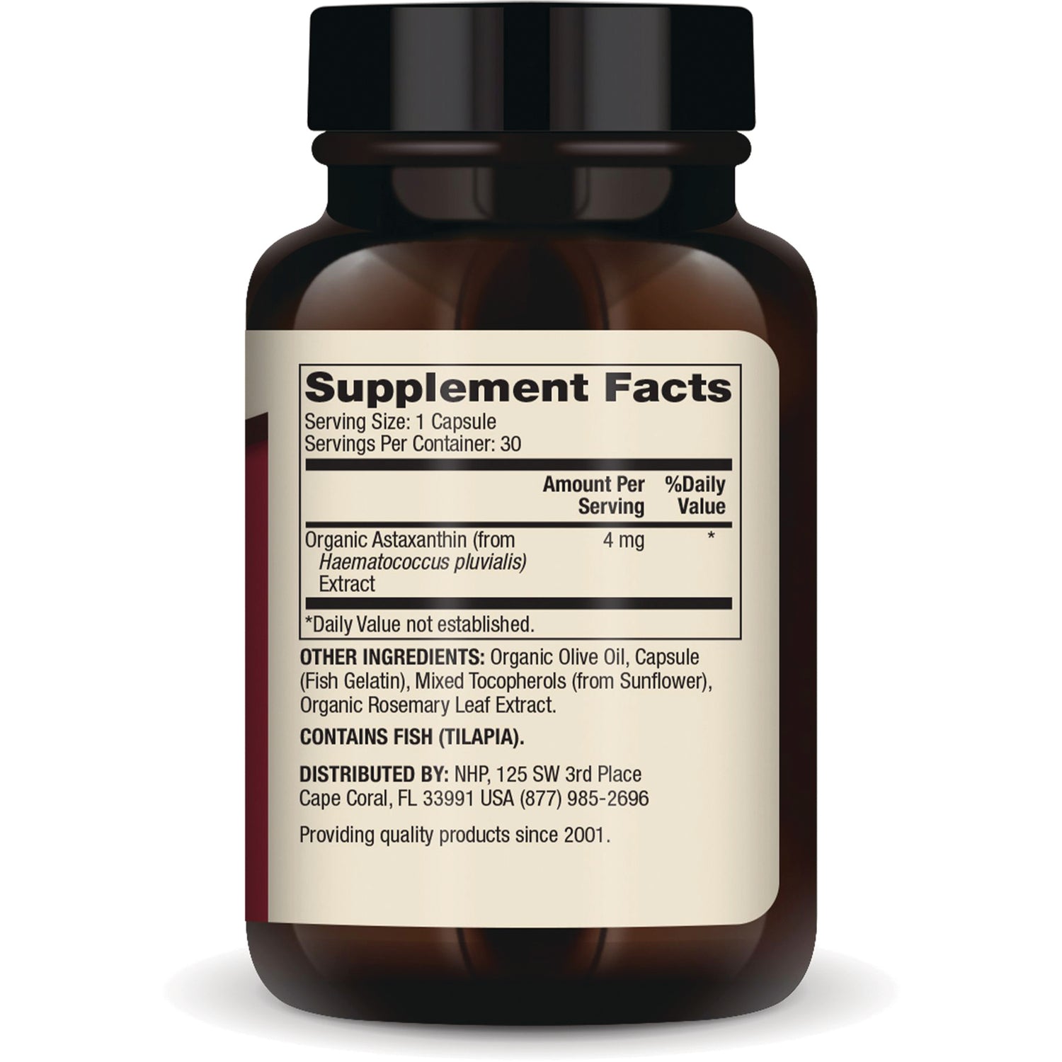 MRC107 | Back of brown supplement bottle showing Supplement Facts panel and ingredients list