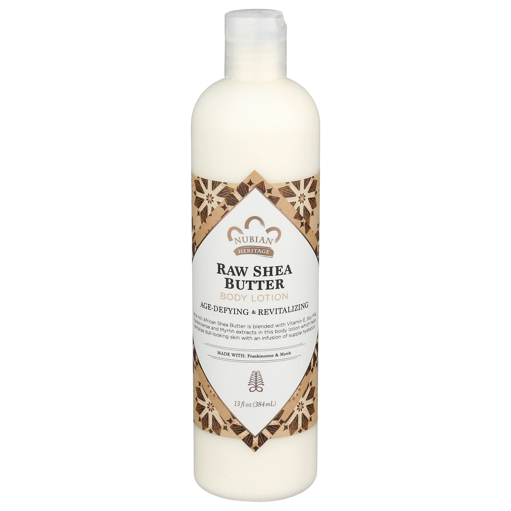 NBH047 | Nubian Heritage Raw Shea Butter body lotion 13 fl oz white bottle front label - Thumbnail