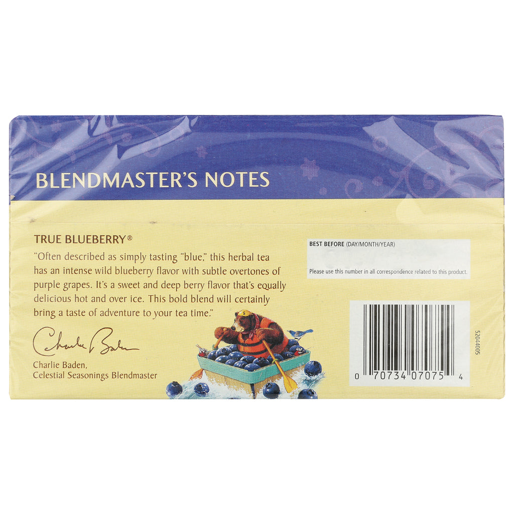 CEL003 | back of True Blueberry tea box with Blendmaster's Notes text, product description, blueberry illustration and barcode - Thumbnail