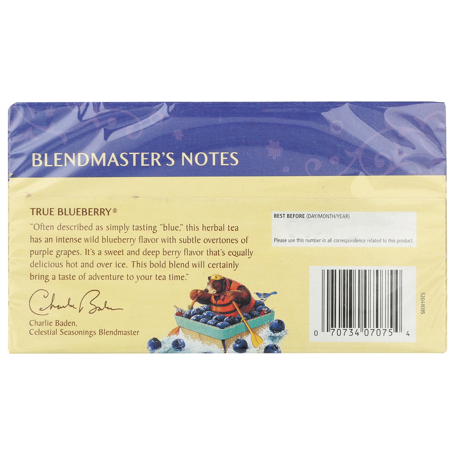 CEL003 | back of True Blueberry tea box with Blendmaster's Notes text, product description, blueberry illustration and barcode