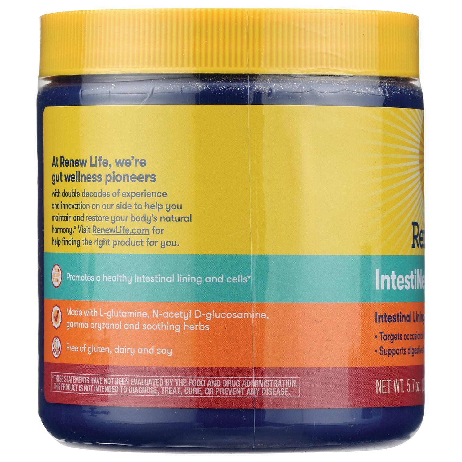 RNL025 | product infographic label on supplement jar showing benefits and ingredients and promotes a healthy intestinal lining