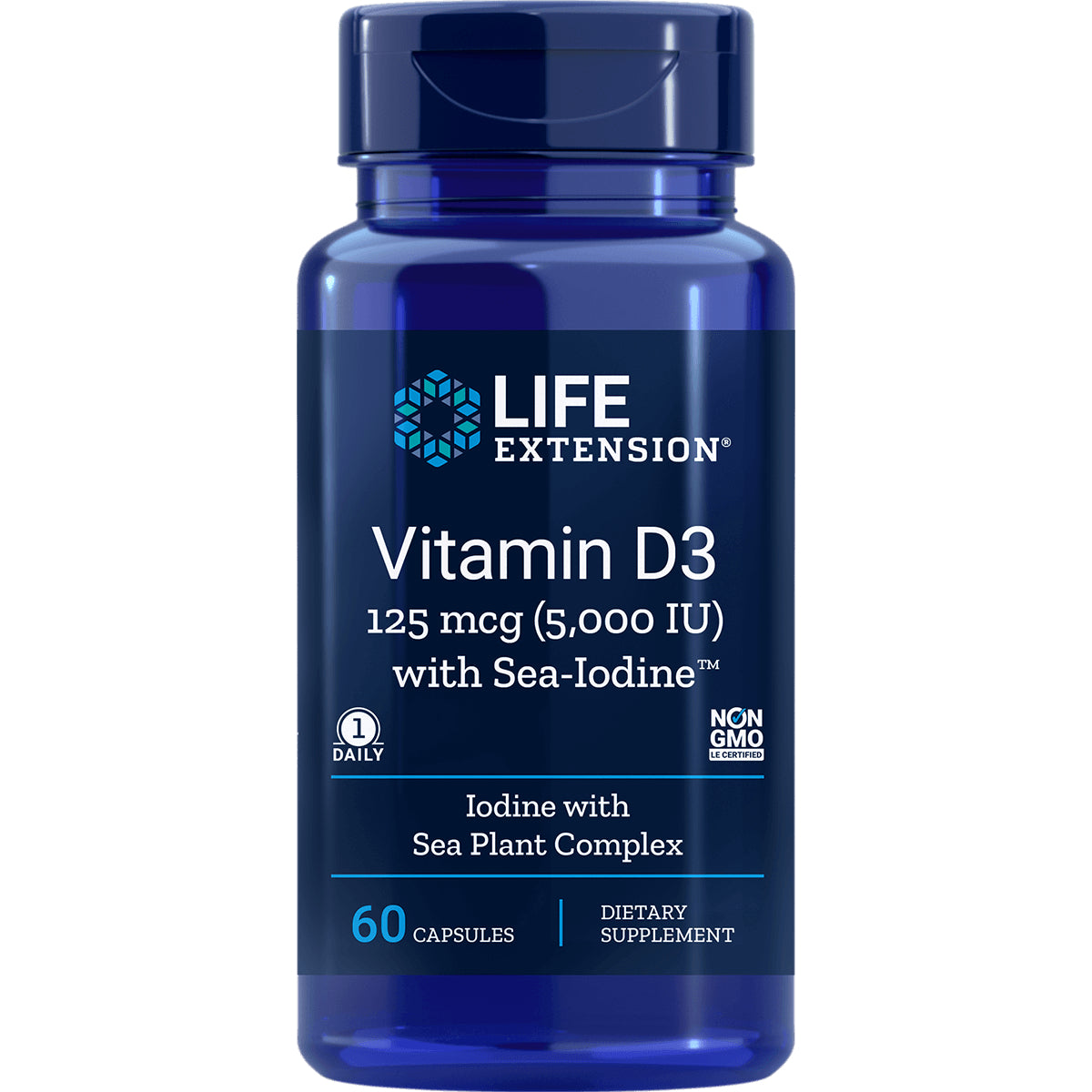 LE264 | Life Extension Vitamin D3 125 mcg (5,000 IU) supplement bottle, 60 capsules, Iodine with Sea Plant Complex
