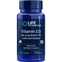 LE264 | Life Extension Vitamin D3 125 mcg (5,000 IU) supplement bottle, 60 capsules, Iodine with Sea Plant Complex