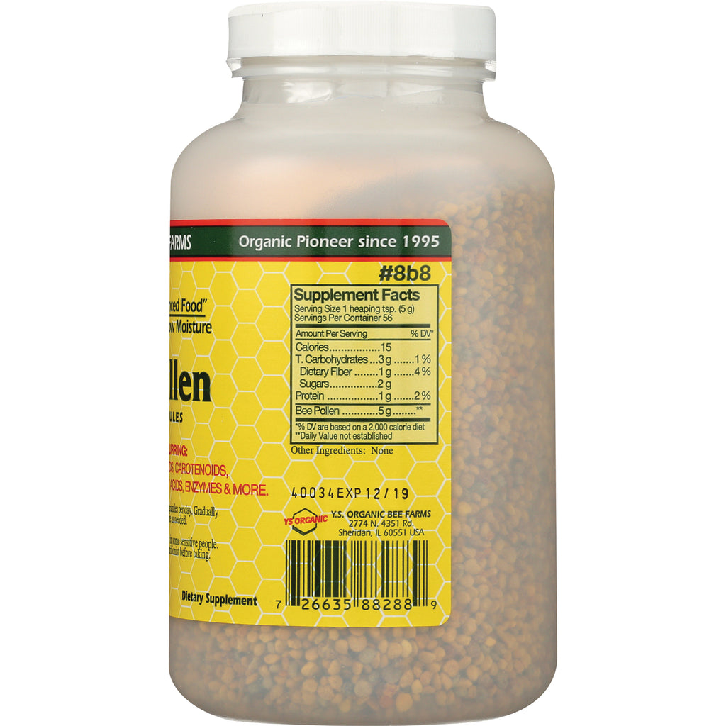 YS008 | Back of YS Organic Bee Farms Bee Pollen granules jar showing Supplement Facts panel - Thumbnail